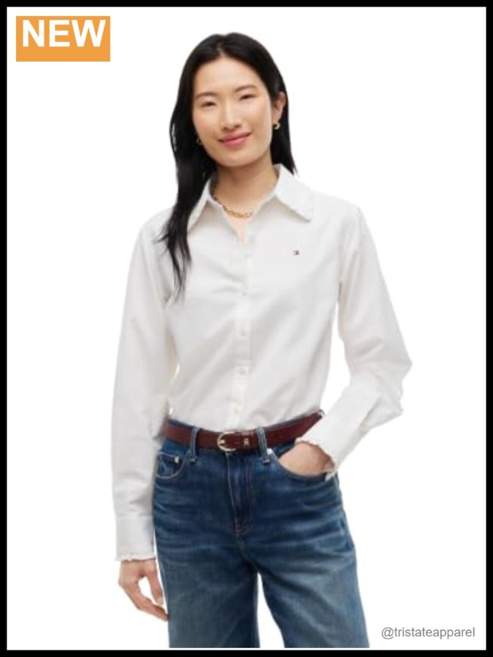 Long Sleeve Cropped Cotton Oxford Shirt with Stretch